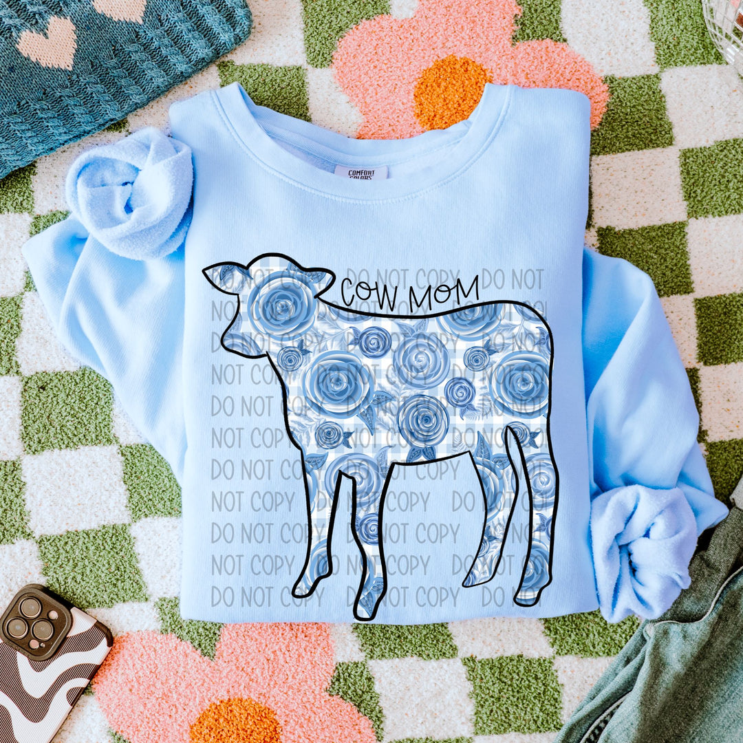 Cow Mom Blue Floral DTF Print