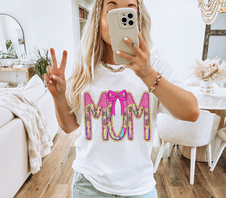 Preppy Leopard Small Bow Mom Name DTF Print