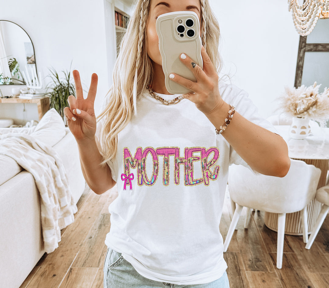Preppy Leopard Small Bow Mom Name DTF Print