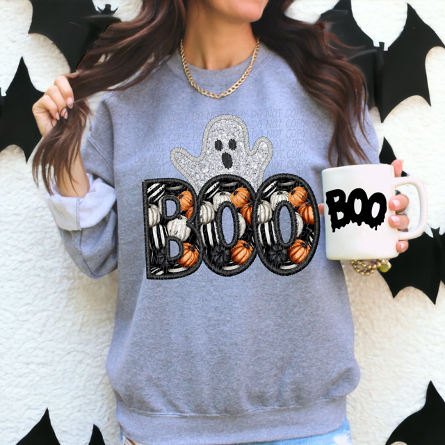 BOO Black Outline Ghost Faux Embroidery DTF Print