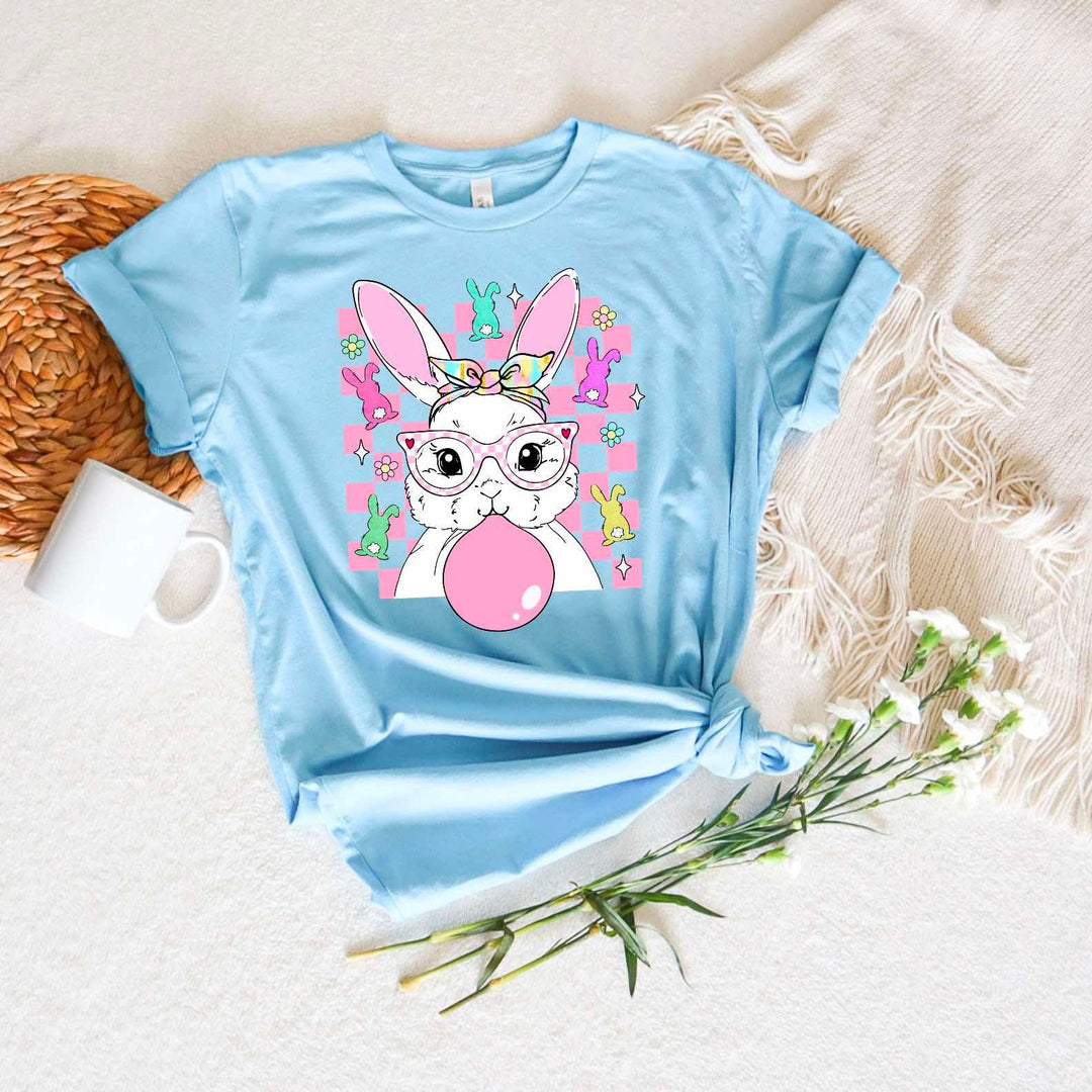Checkered Bubble Gum Bunny BABY BLUE BELLA CANVAS Printed Tee