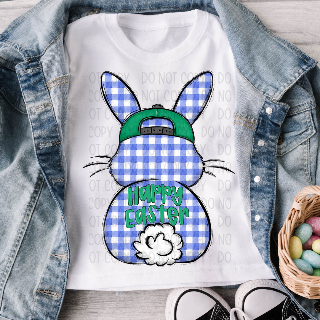Blue Checkered Bunny Butt Happy Easter DTF Print