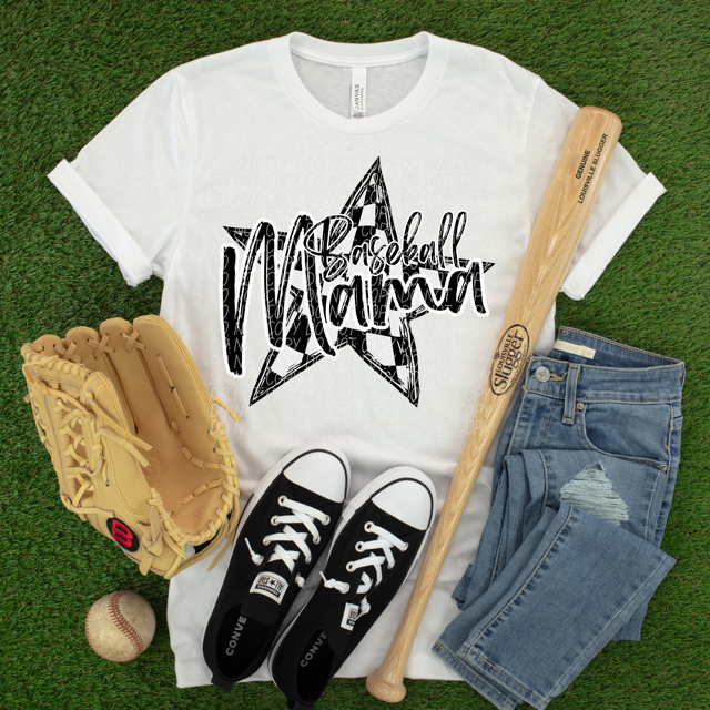Baseball Mama Script Checkered Star DTF Print