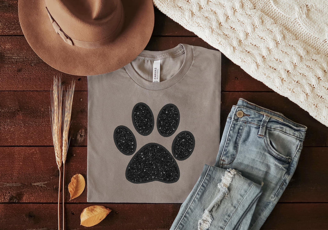 Faux Embroidery Black Glitter Paw DTF Print