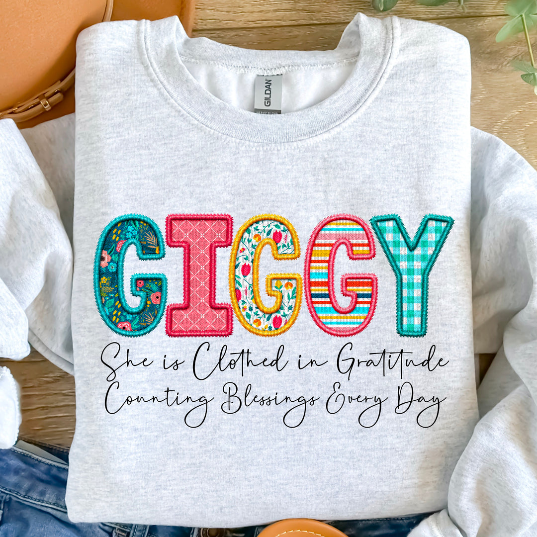 Clothed in Gratitude Giggy Faux Embroidered DTF Print