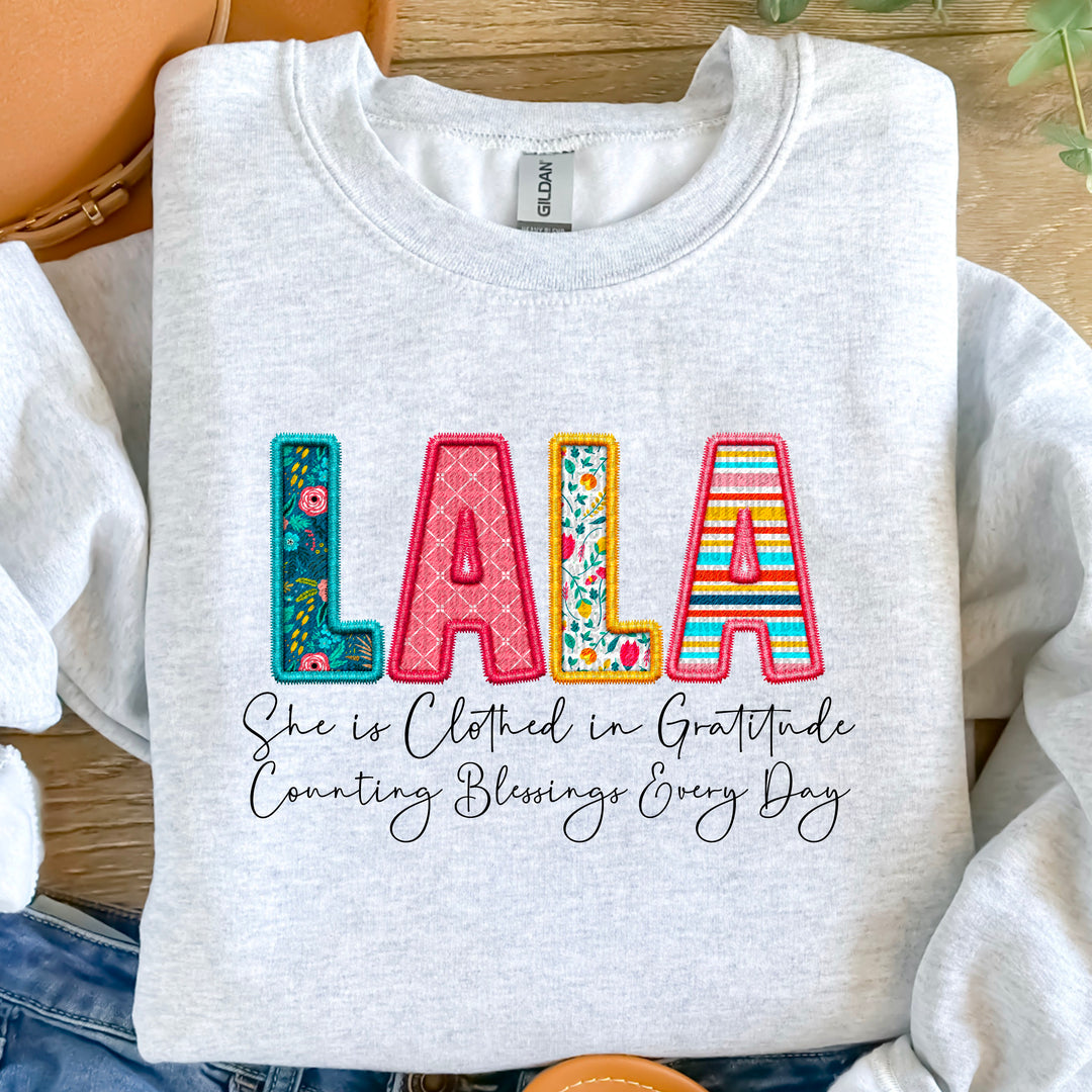 Clothed in Gratitude Lala Faux Embroidered DTF Print