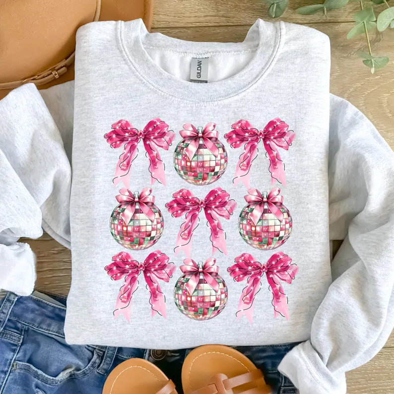 Pink Coquette Bows & Disco Balls WHITE GREY Sweatshirt