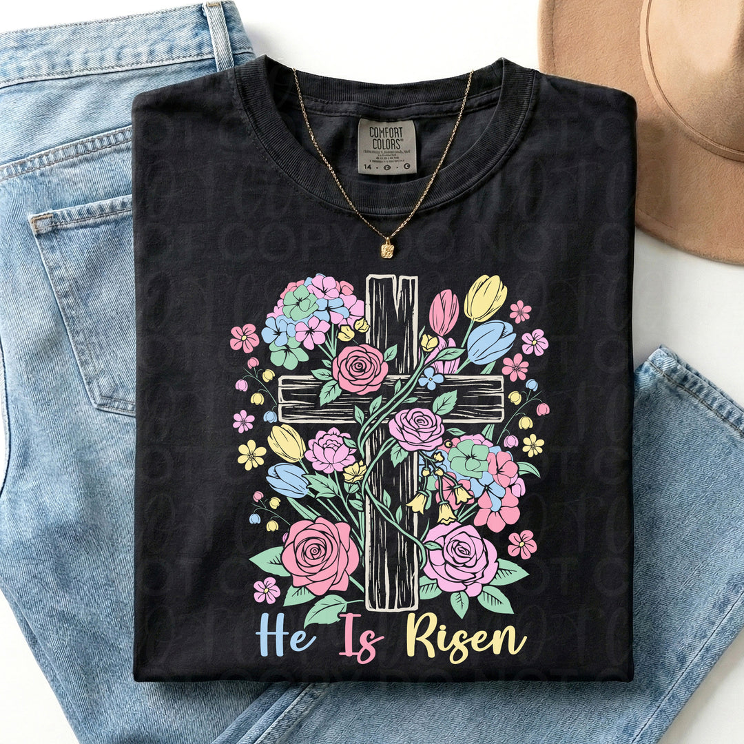 Floral He is Risen Cross DTF Print