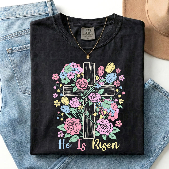 Floral He is Risen Cross DTF Print
