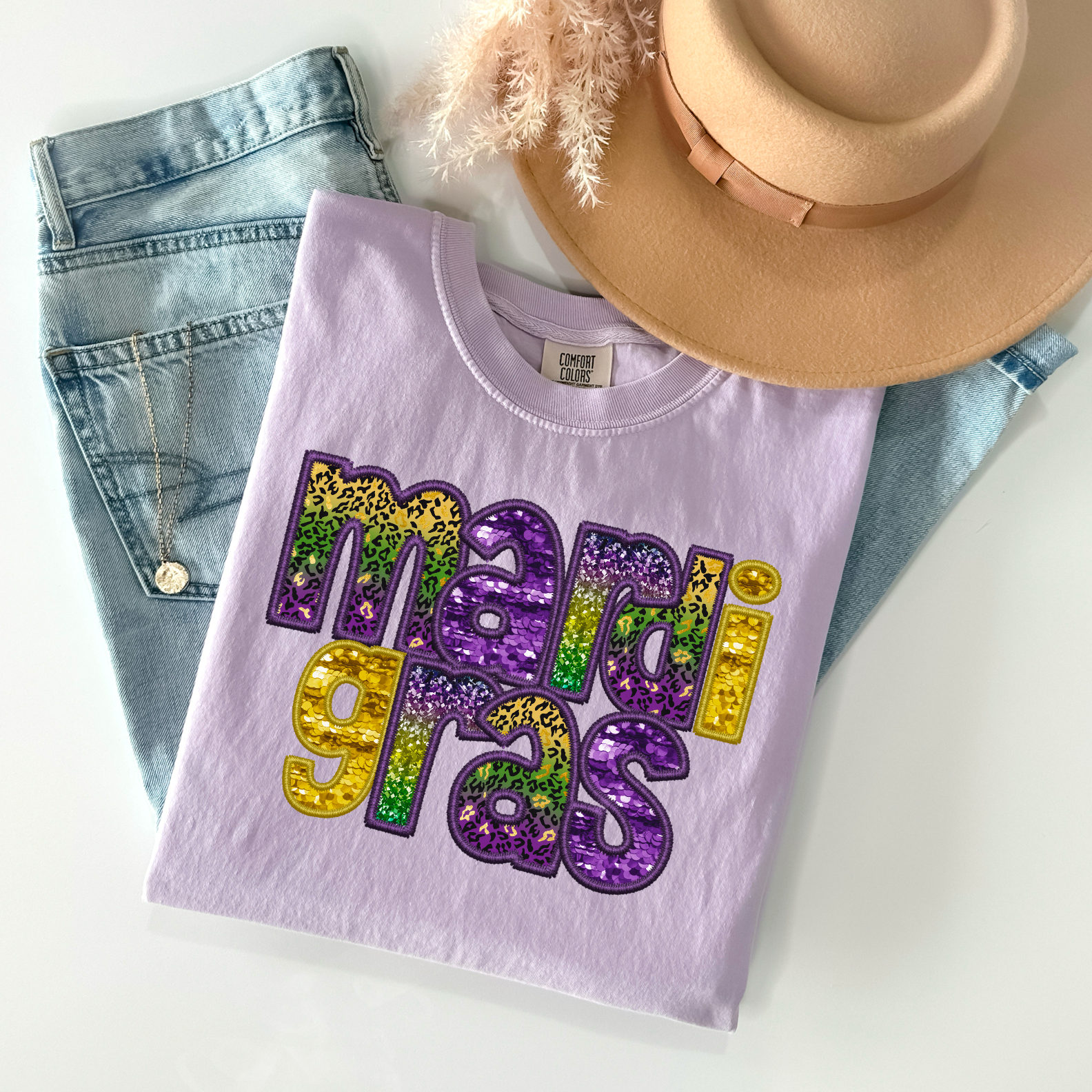 Mardi Gras Beads Faux Sequined Embroidery DTF Print