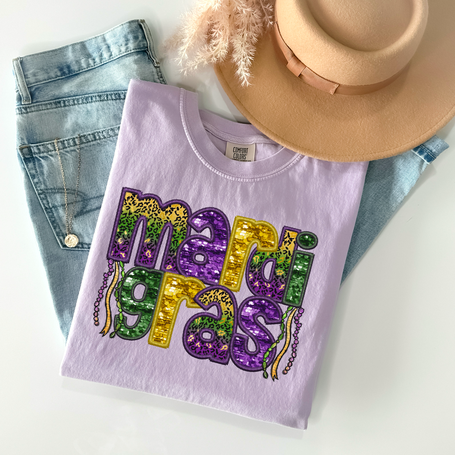 Mardi Gras Beads Faux Sequined Embroidery DTF Print