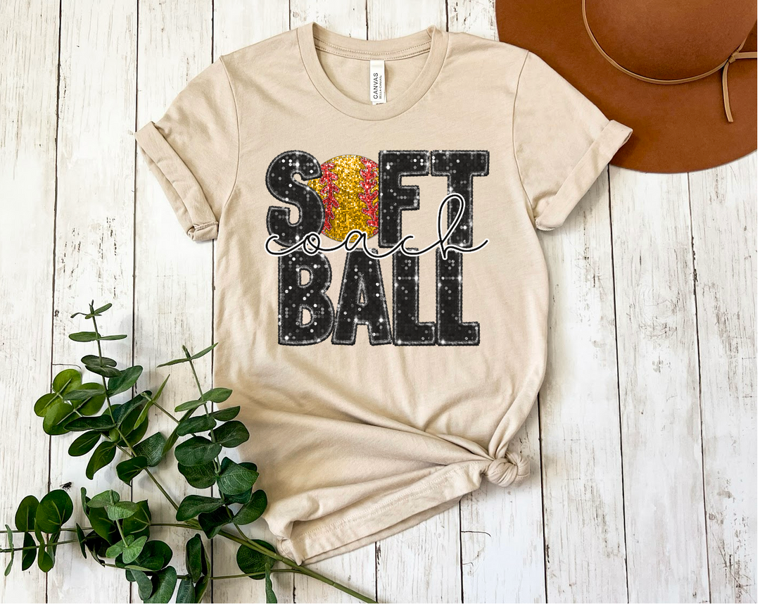 Softball Faux Glitter Titles with Ball DTF Print