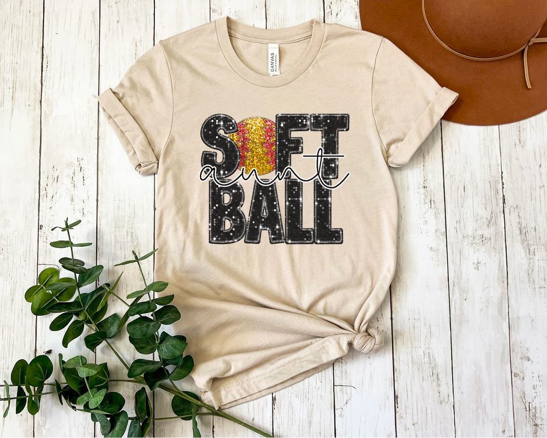 Softball Faux Glitter Titles with Ball DTF Print