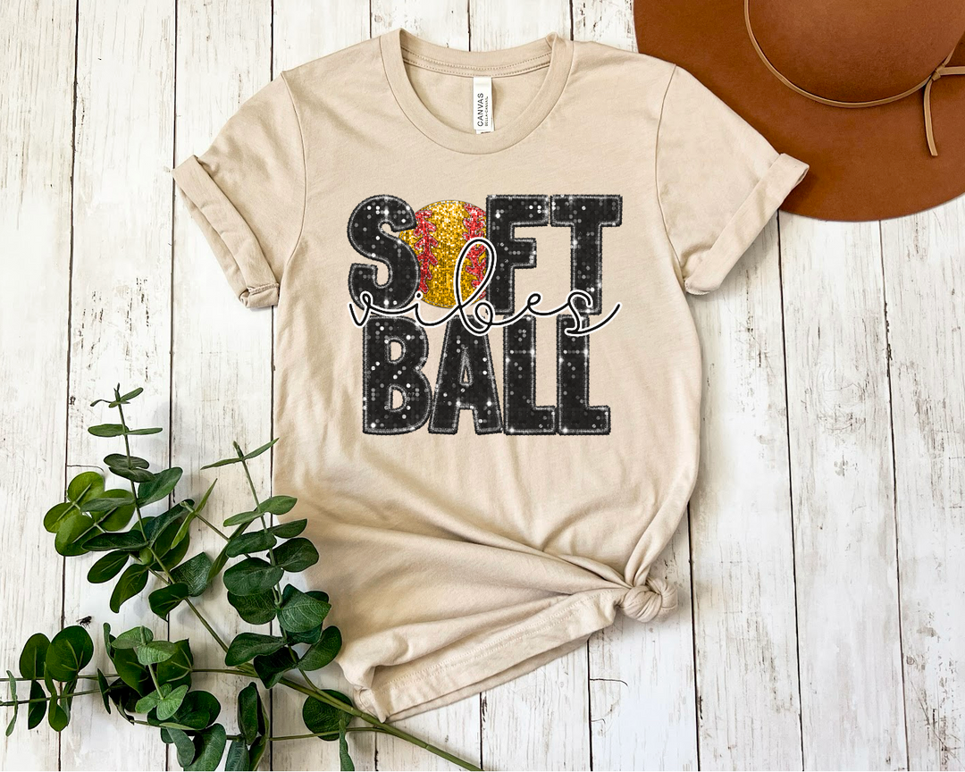 Softball Vibes with Ball Faux Glitter DTF Print