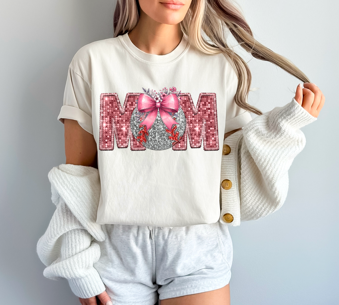 Sports Mom Bow with Flowers Faux Glitter DTF Print