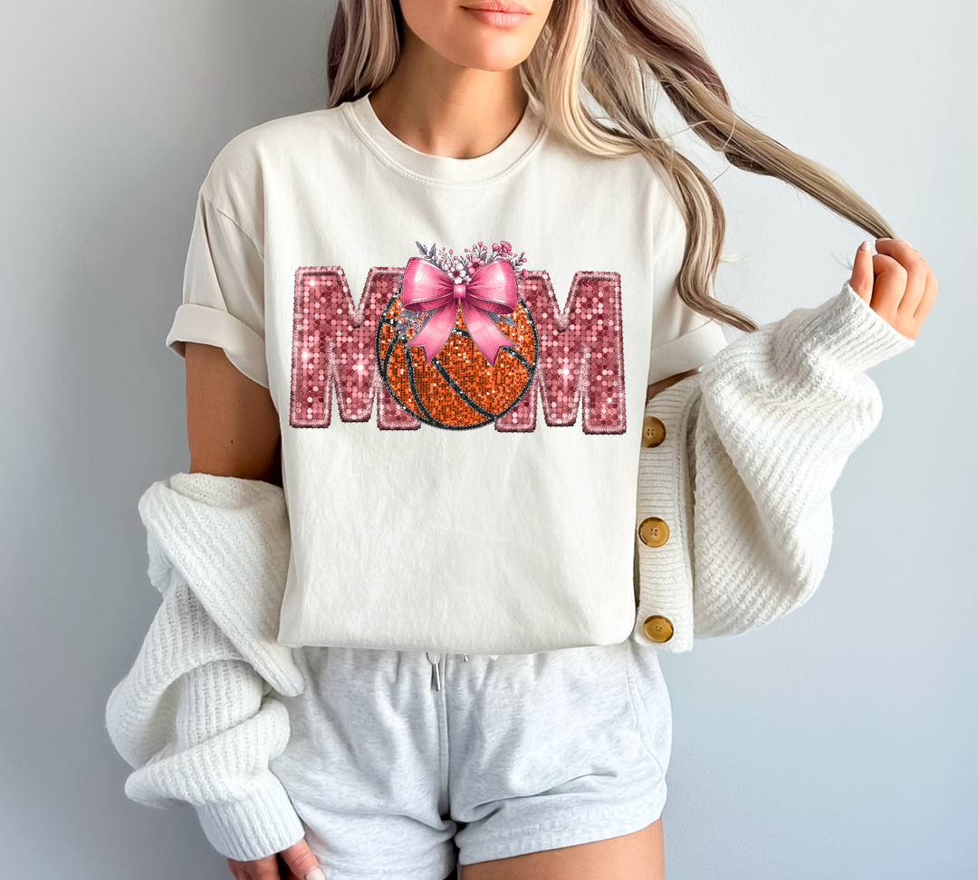 Sports Mom Bow with Flowers Faux Glitter DTF Print