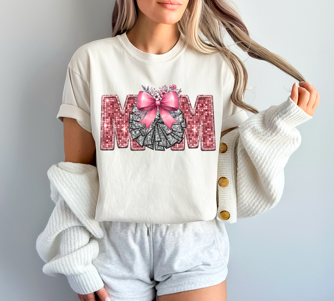 Sports Mom Bow with Flowers Faux Glitter DTF Print