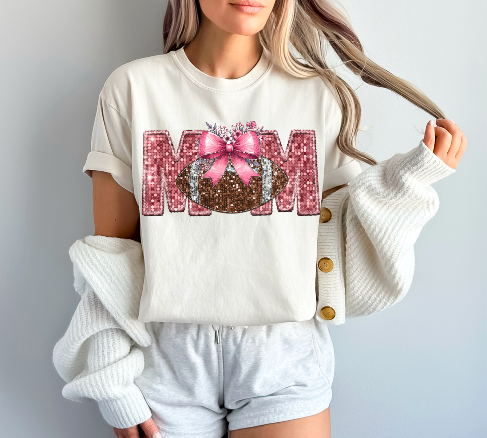 Sports Mom Bow with Flowers Faux Glitter DTF Print