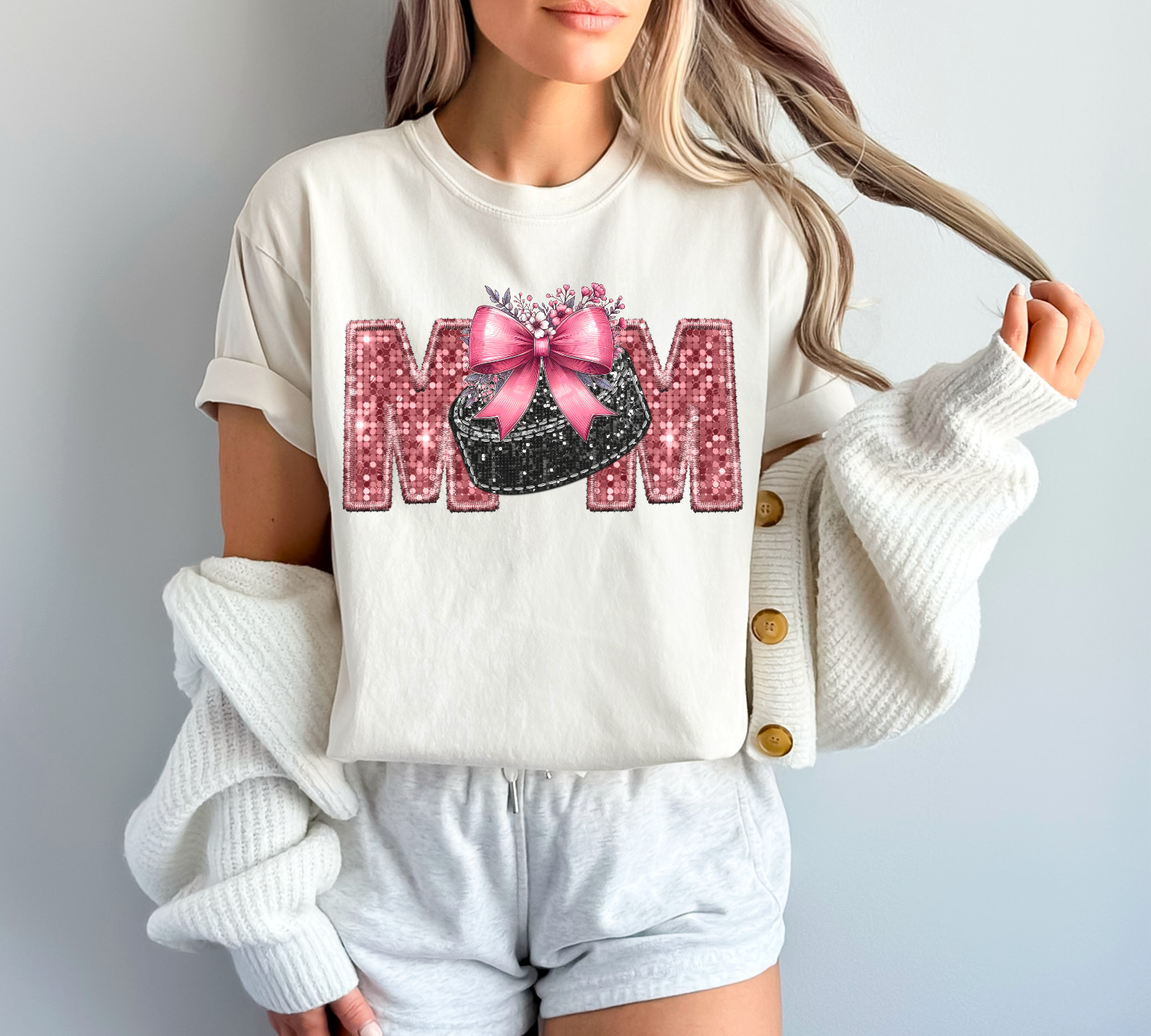 Sports Mom Bow with Flowers Faux Glitter DTF Print