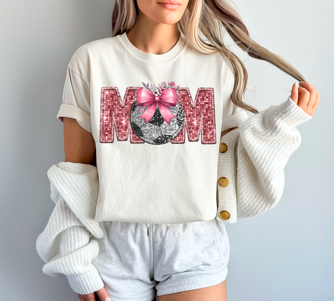 Sports Mom Bow with Flowers Faux Glitter DTF Print