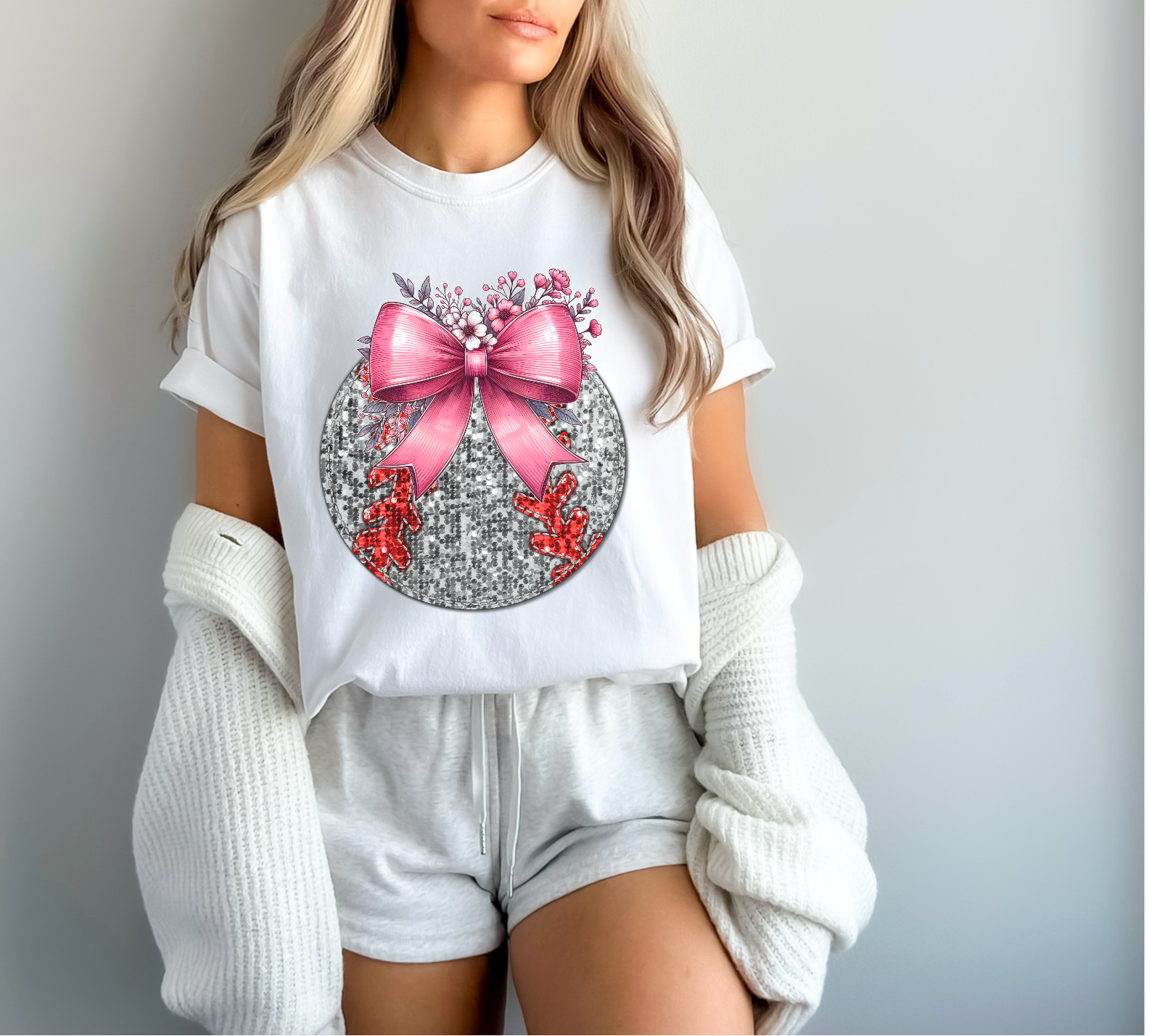 Faux Glitter Pink Bow and Flowers Sports DTF Print