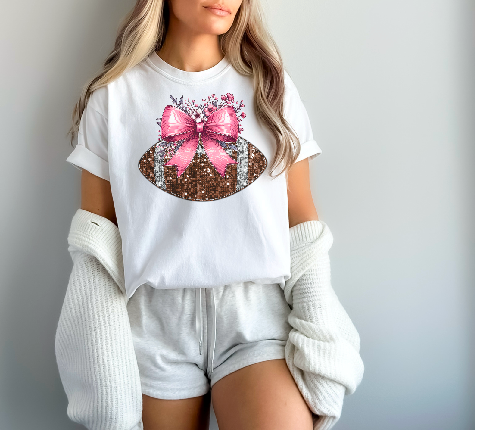 Faux Glitter Pink Bow and Flowers Sports DTF Print