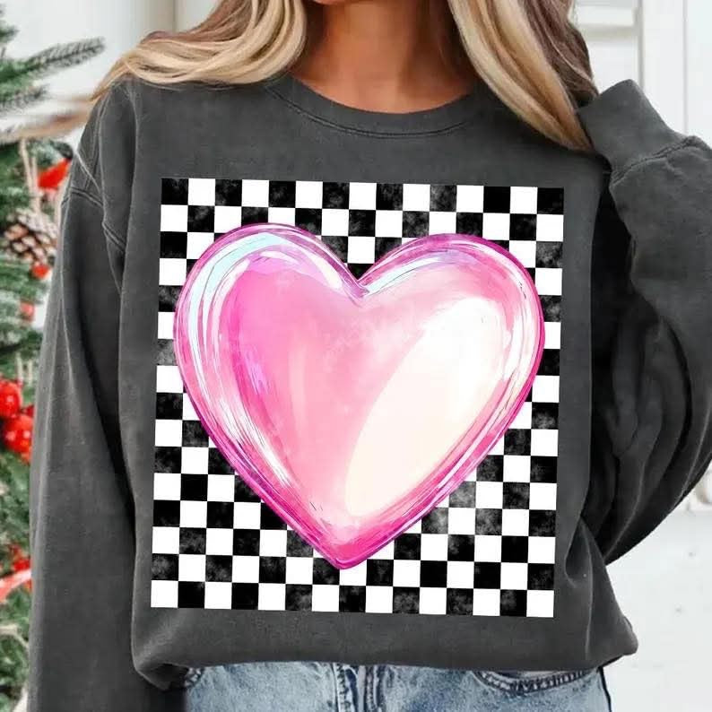 Checkered Print With Pink Heart DTF Print