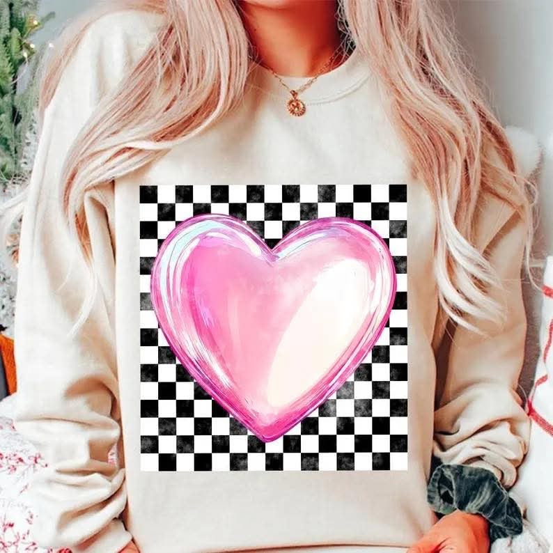 Checkered Print With Pink Heart DTF Print