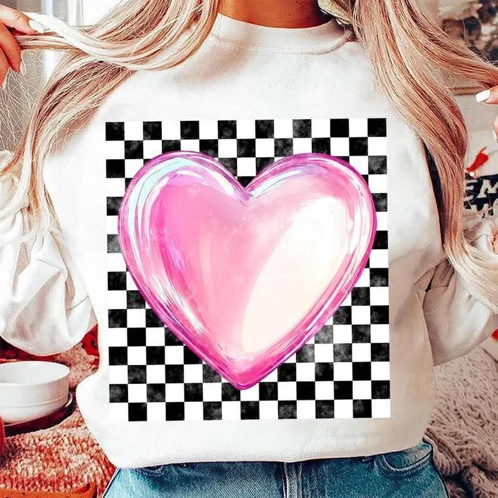 Checkered Print With Pink Heart DTF Print