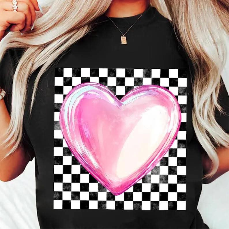 Checkered Print With Pink Heart DTF Print