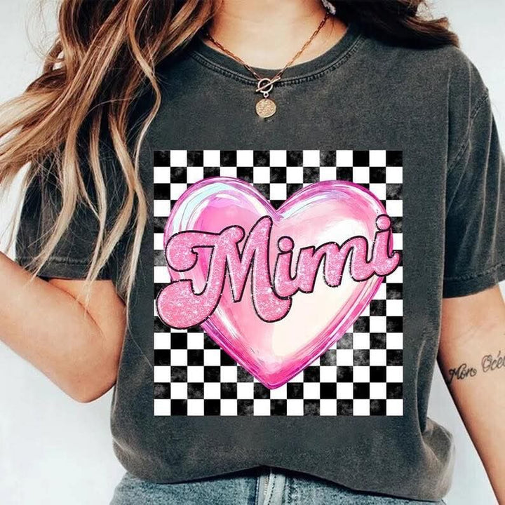 Checkered Print With Pink Heart Names DTF Print