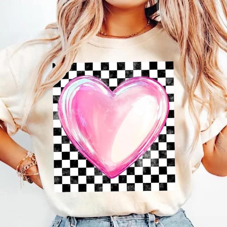 Checkered Print With Pink Heart DTF Print