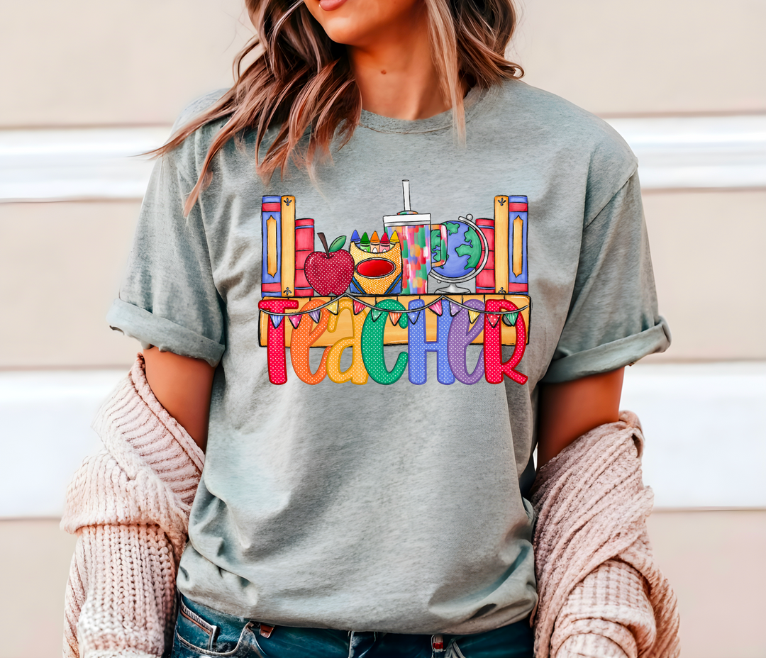 Teacher Bookshelf Rainbow Faux Embroidery DTF Print