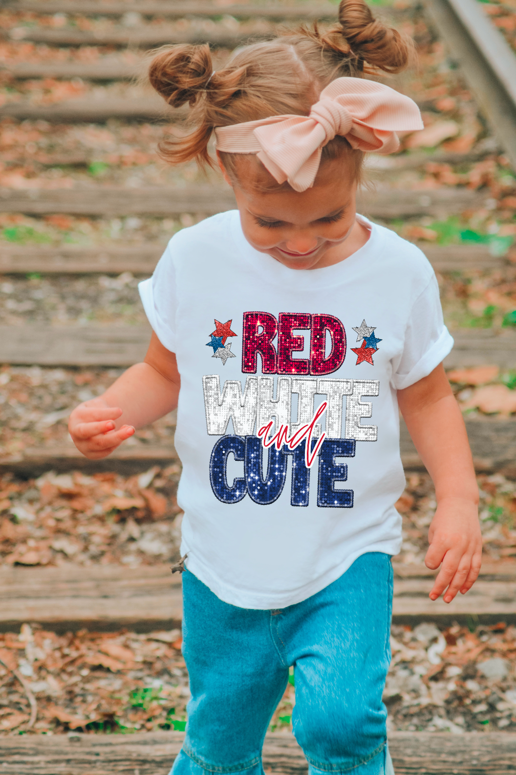 Red White and Cute Stars Faux Glitter DTF Print