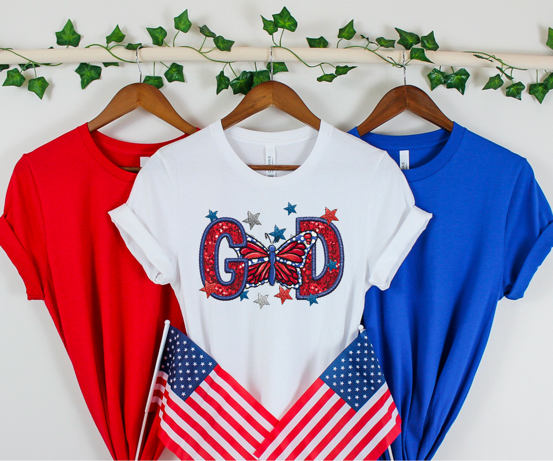 Patriotic God Butterfly Faux Glitter DTF Print