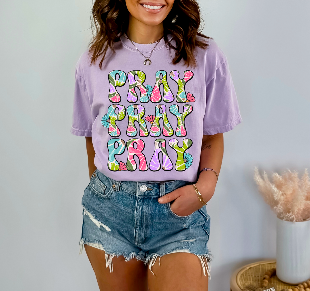 Pray Floral Stacked Black Outline DTF Print