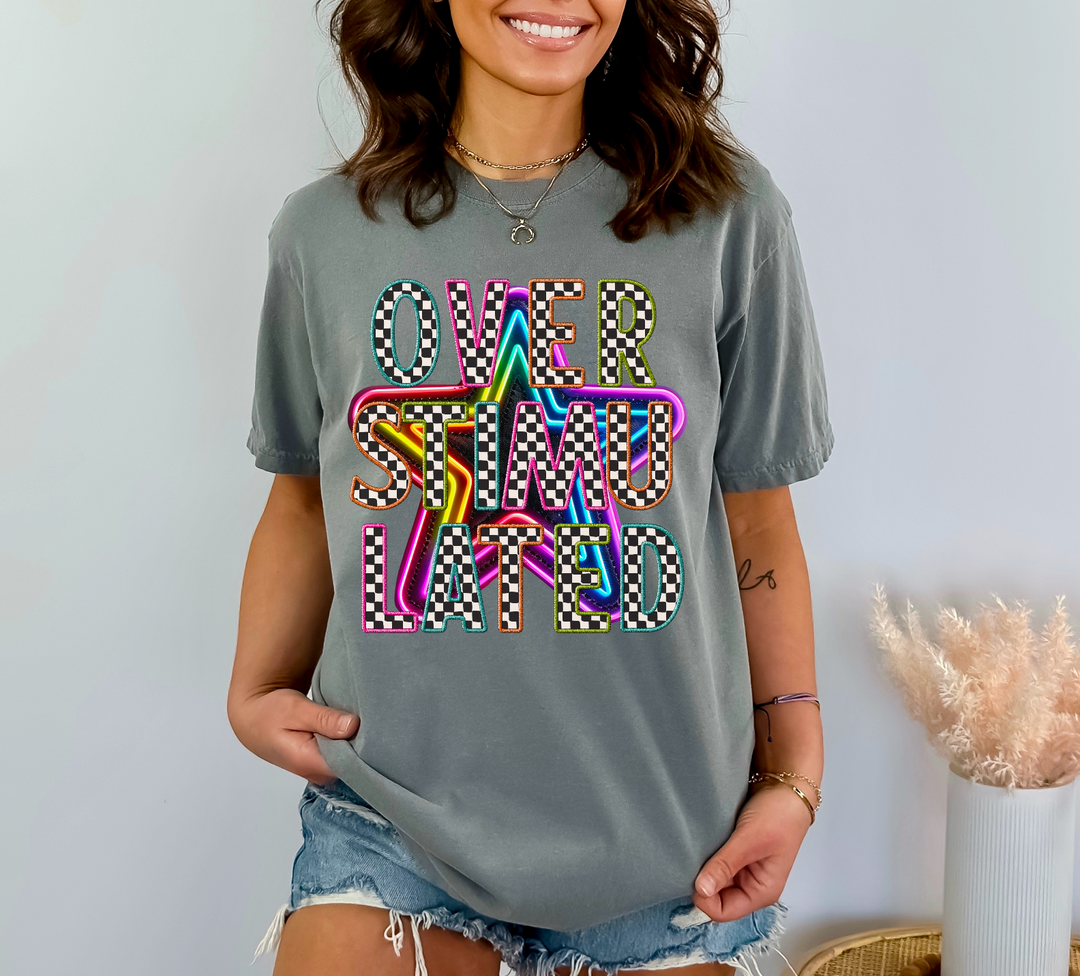 Over Stimulated Checks Faux Embroidery DTF Print