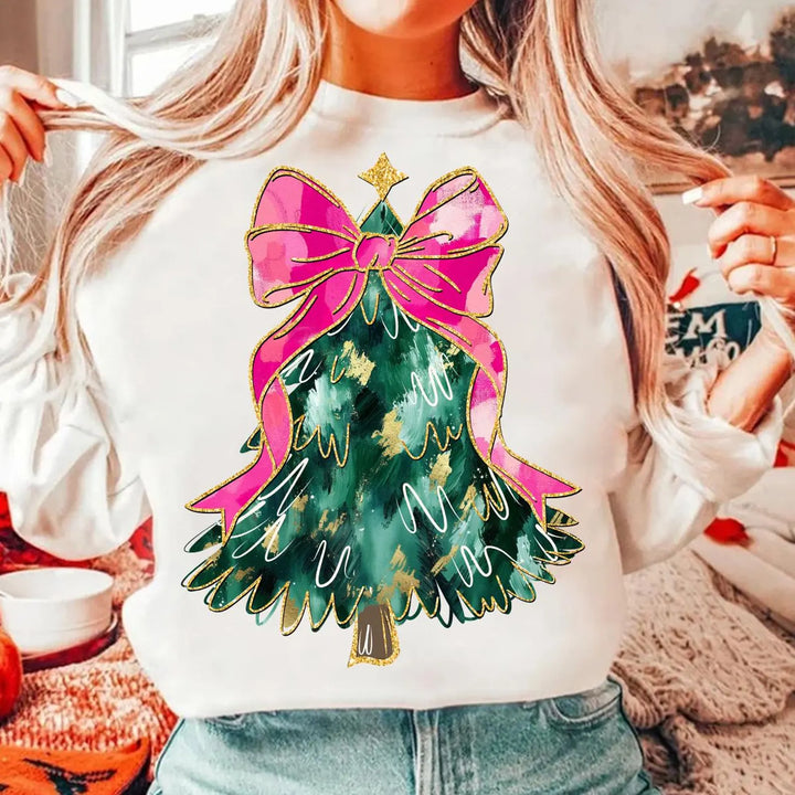 Christmas Tree With Pink Coquette Bow DTF Print