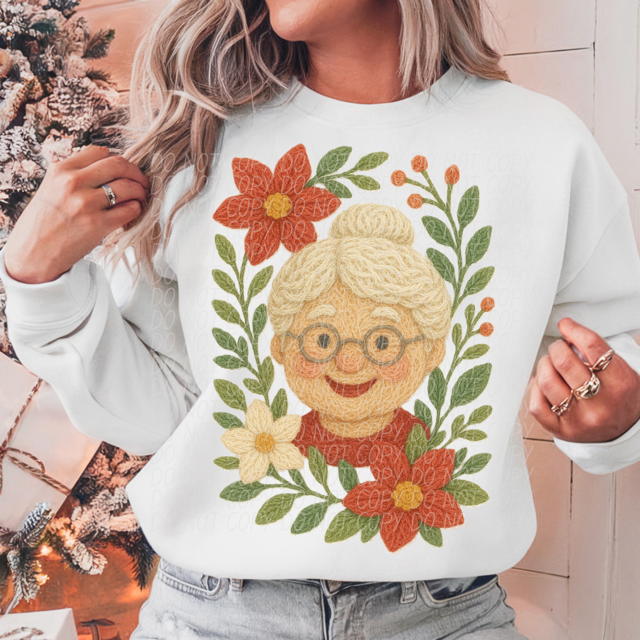 Faux Yarn Mrs Claus Flowers DTF Print
