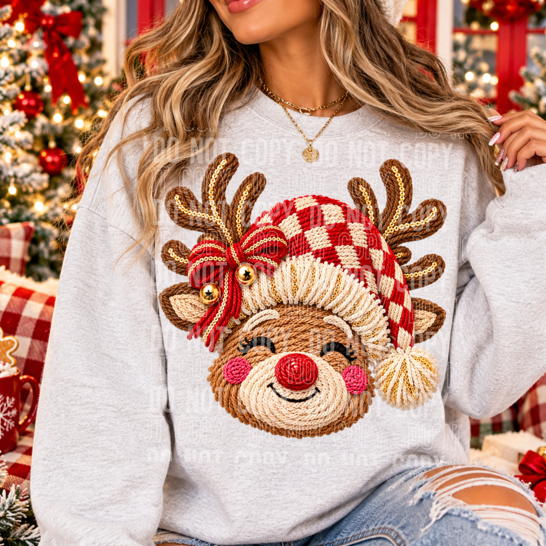 Faux Embroidery Reindeer Face DTF Print