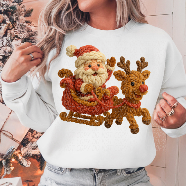 Faux Yarn Santa and Reindeer Sleigh DTF Print