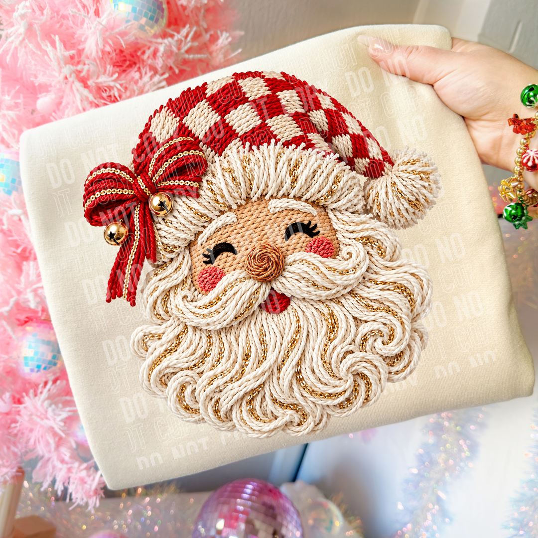 Faux Yarn Santa Face Checkered Hat DTF Print
