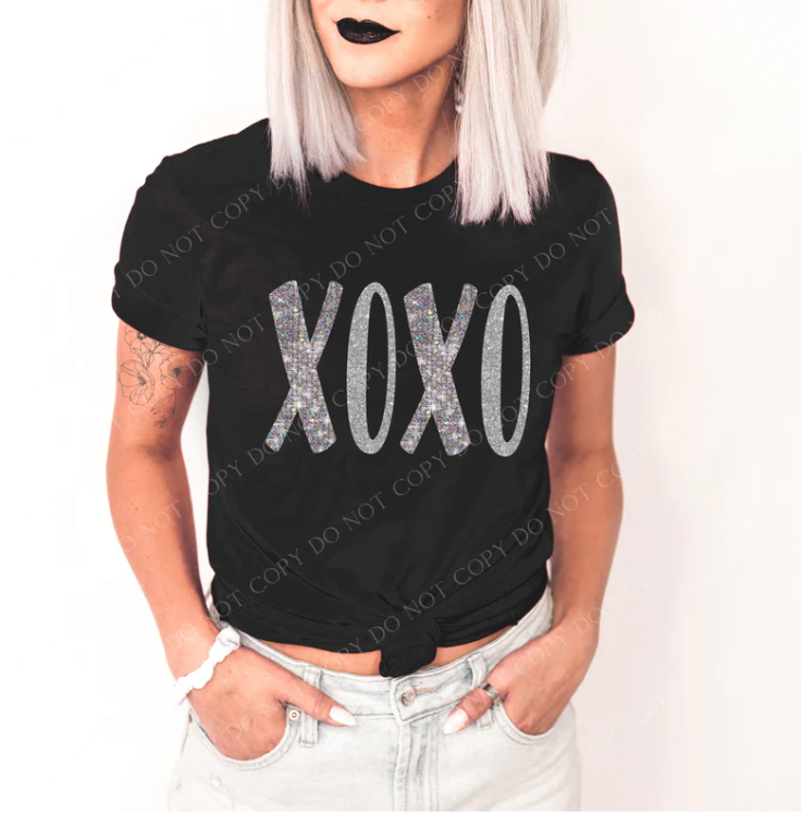 XOXO Silver Faux Glitter DTF Print