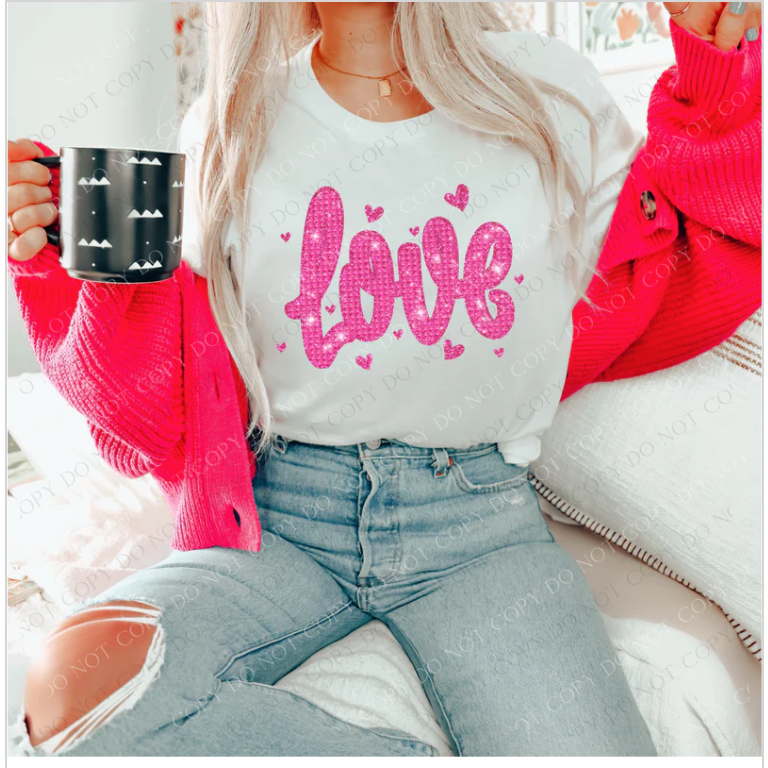 Love Pink Hearts Faux Glitter DTF Print