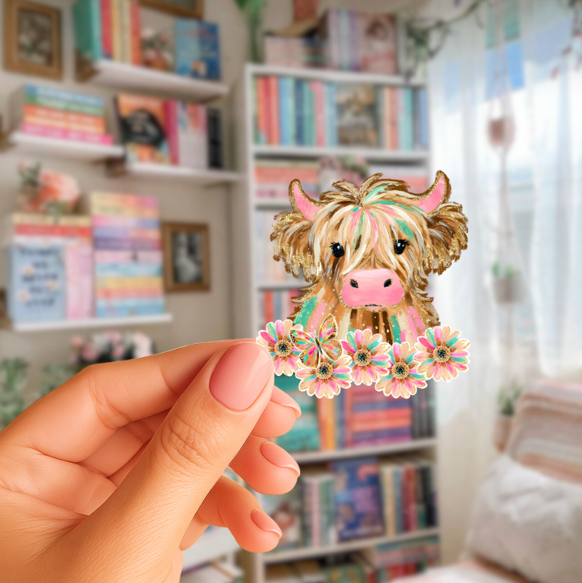 Highland Cow with Flowers Die Cut Stickers