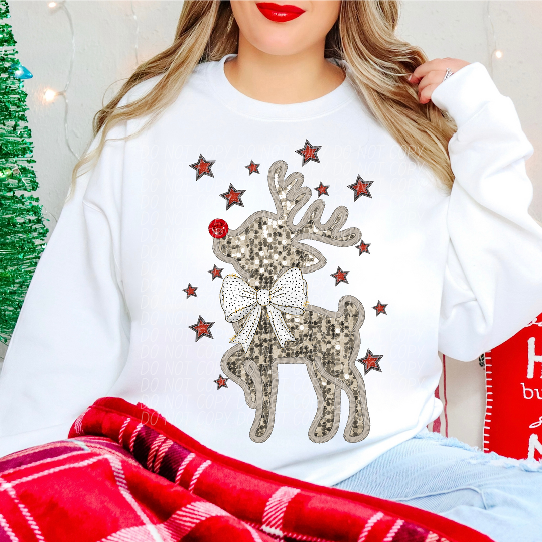 Faux Glitter Reindeer Bow DTF Print