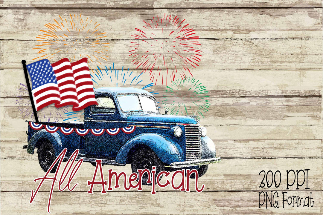 All American Patriotic Fireworks and Vintage Truck Digital Design