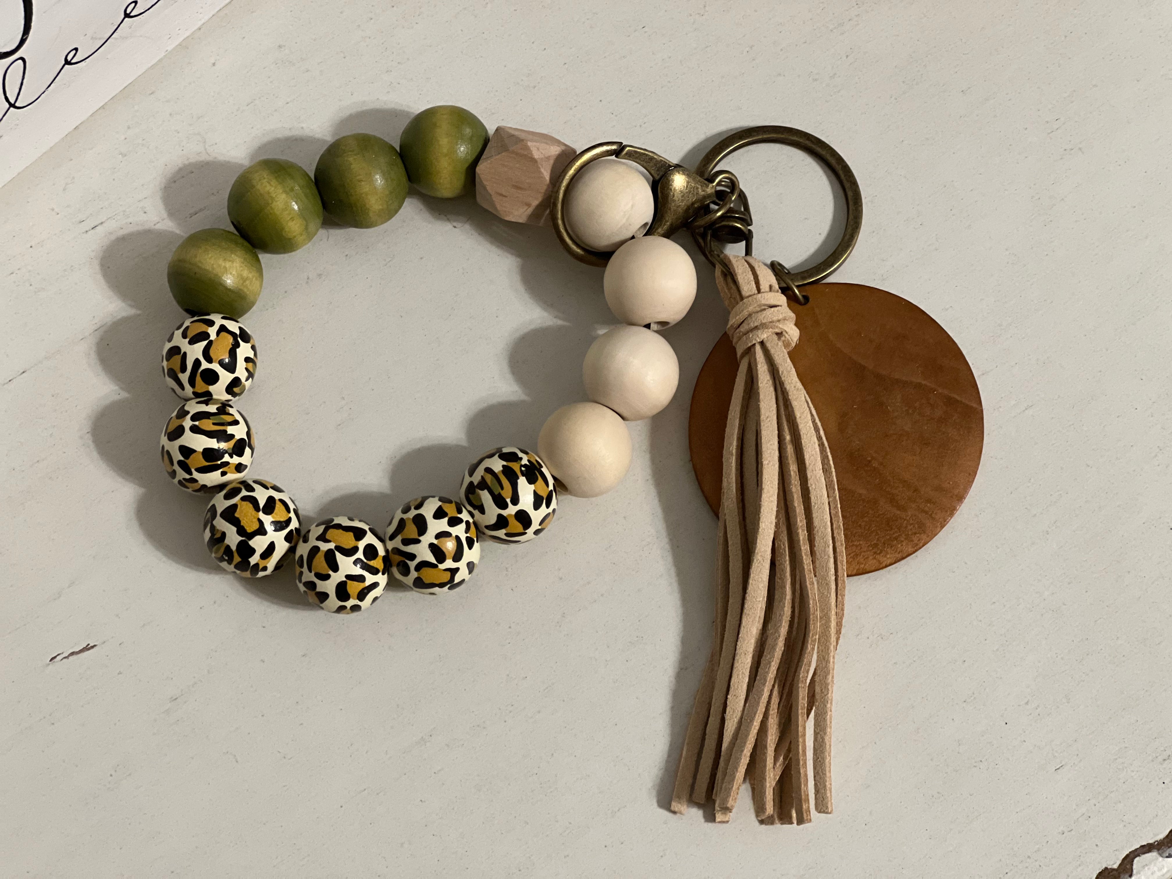 Fall Leopard Print Wooden Bead Keychain